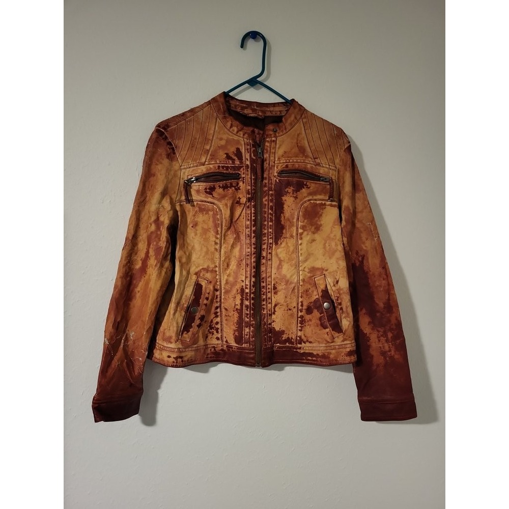 Sebby Collection Womens Large Moto Jacket Garment Dyed Distressed Tan Brown Faux